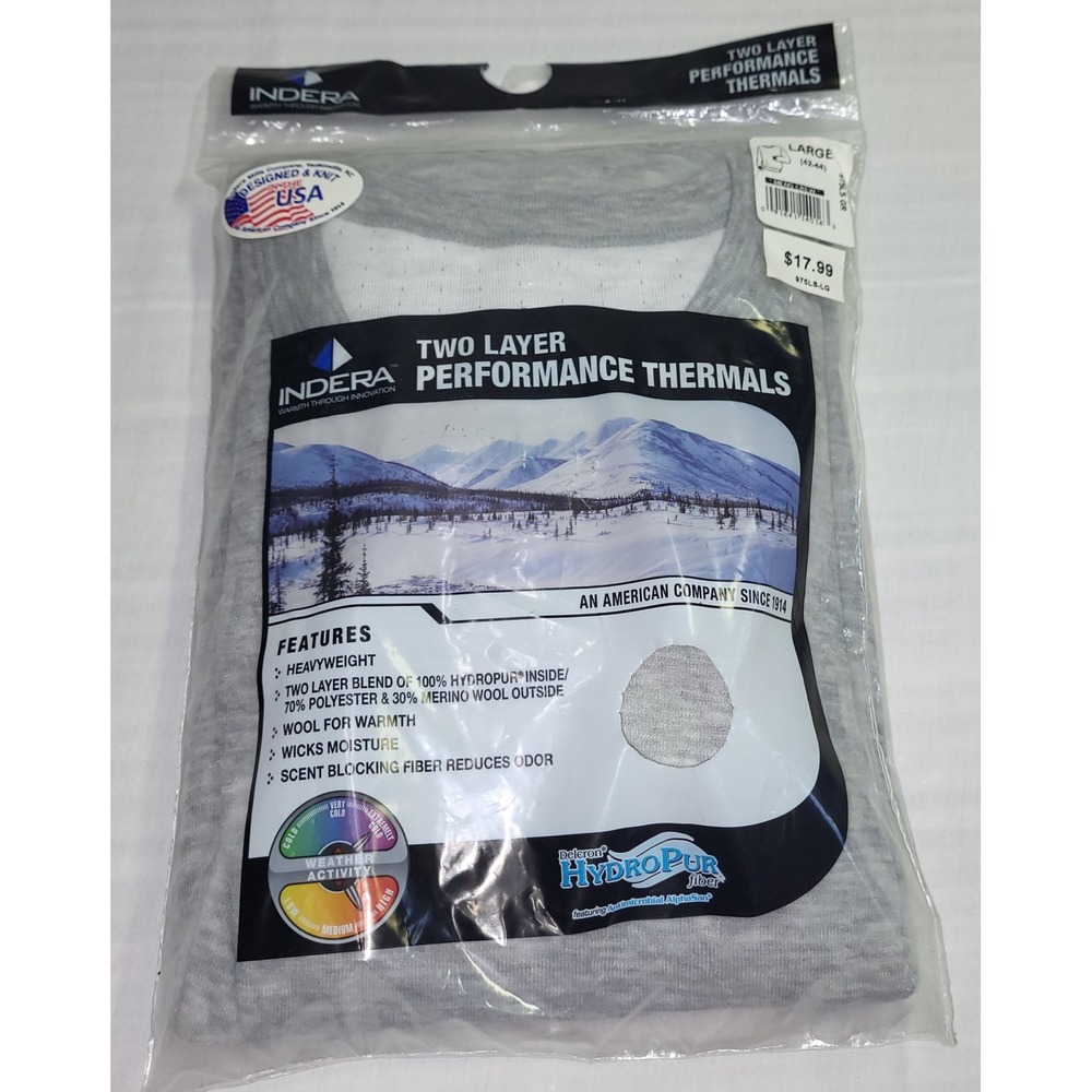 Indera Performance Thermals Mens Large Grey NEW Two Layer Merino Wool Base Layer